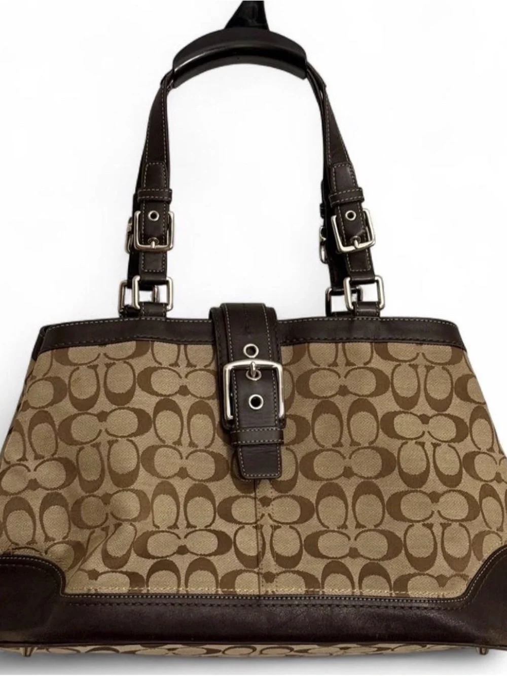 Coach Brown Signature Canvas Shoulder Bag with Dark Brown Trim
